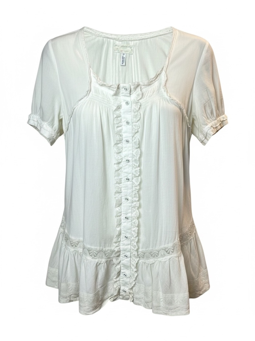 White w Ruffle & Lace Detail Flowy Button-Front Babydoll Tunic Top Mini Dress M
